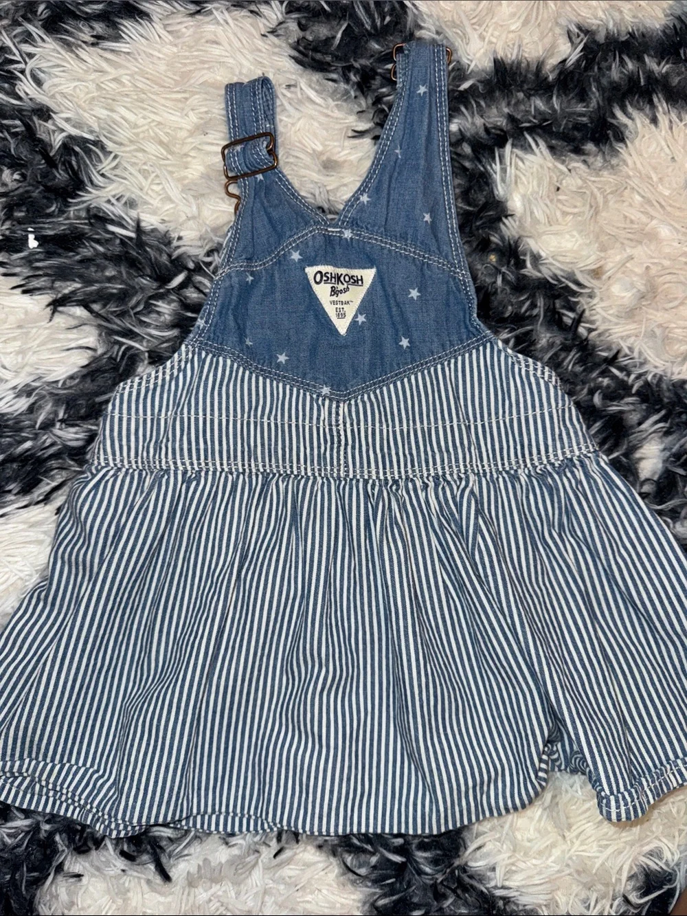 OshKosh B'gosh Blue and White Striped Denim Overall Dress